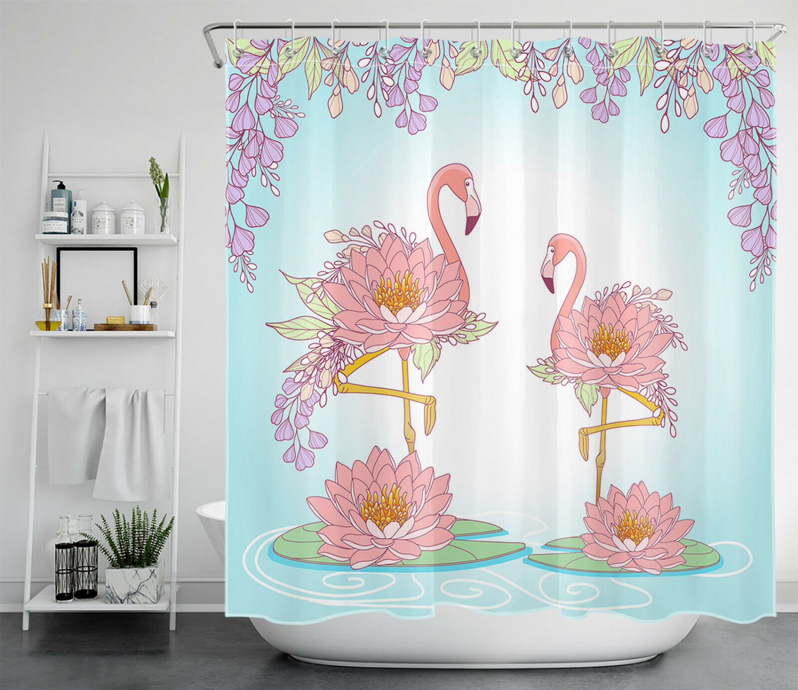 Feel The Summer Vibe With A Flower Flamingo Shower Curtain With Lotus Leaves - Perfect For Your Bathroom Decor