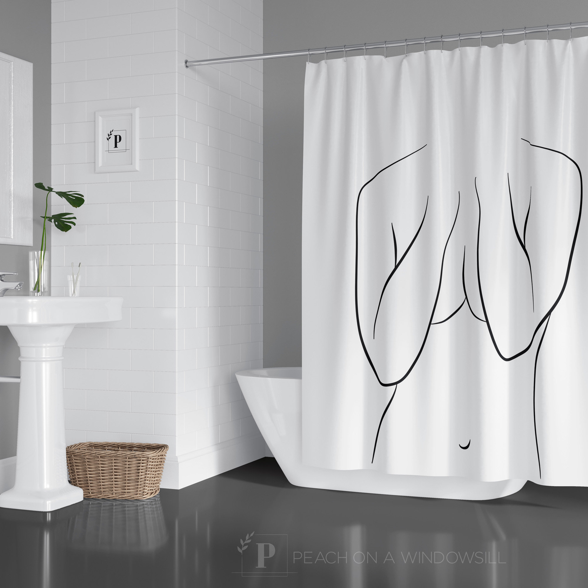 Feminine Nude Line Art Shower Curtain, Black and White Naked Woman Art Bath tub Curtain, Fabric Bathroom Decor