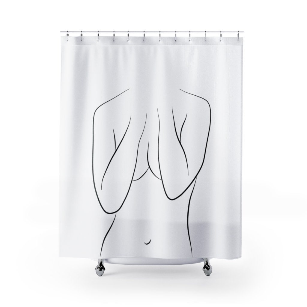 Feminine Nude Line Art Shower Curtain, Black and White Naked Woman Art Bath tub Curtain, Fabric Bathroom Decor