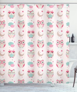 Feminine Soft Colors Design Owls Stars Moon Patterns Shower Curtain - Luxury Bathroom Decor