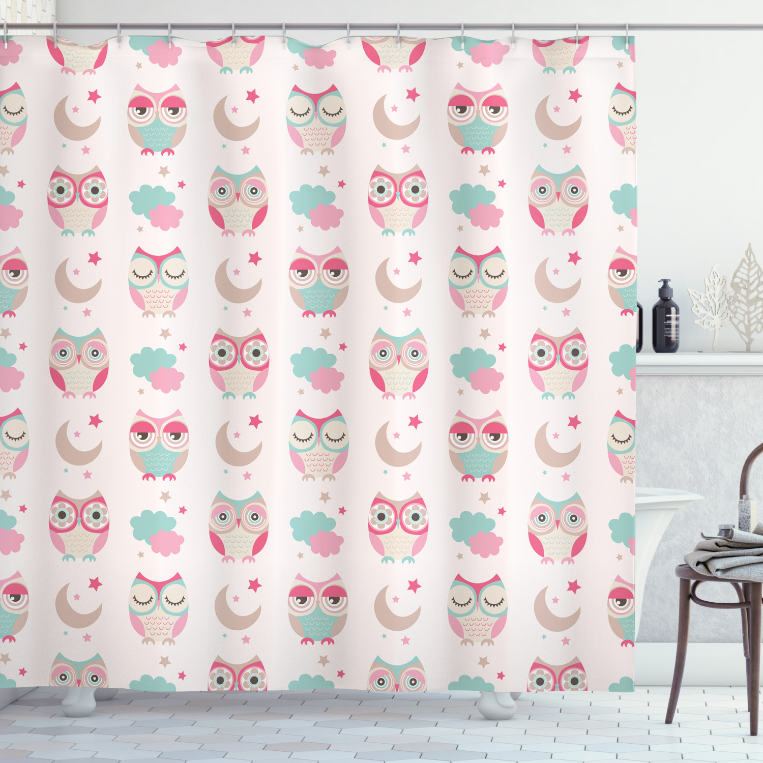 Feminine Soft Colors Design Owls Stars Moon Patterns Shower Curtain - Luxury Bathroom Decor