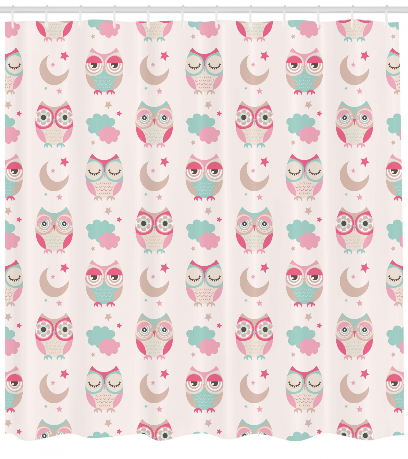 Feminine Soft Colors Design Owls Stars Moon Patterns Shower Curtain - Luxury Bathroom Decor