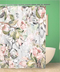 Feminine Spring Floral Shower Curtain Watercolor Design - Waterproof Fabric Bathroom Decor 