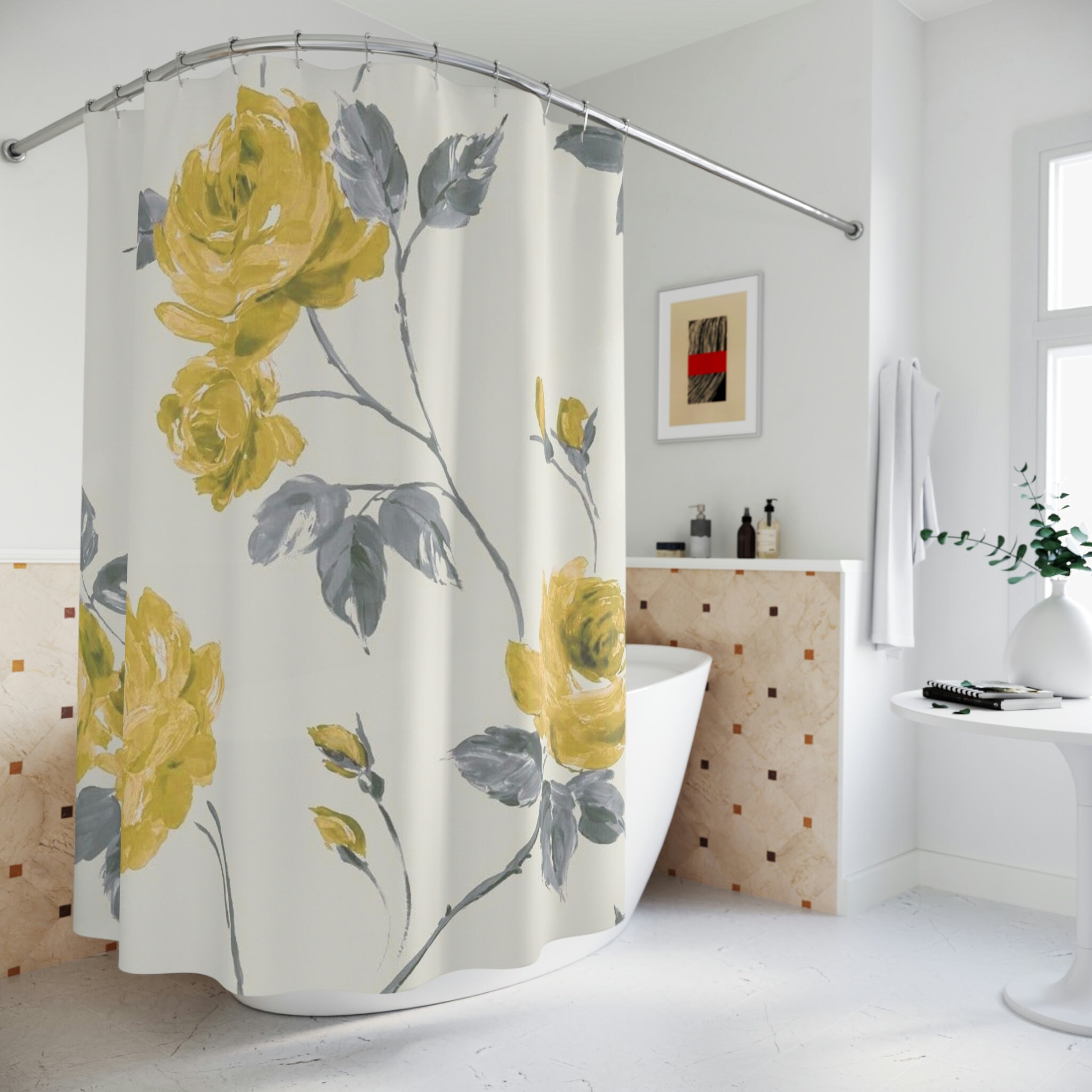Feng Shui Yellow and Gray Roses Shower Curtain for a Harmonious Bathroom