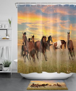 Feral Horse Flock Grassland Sunset Scenery Waterproof Fabric Shower Curtain With Nature Scenic Design