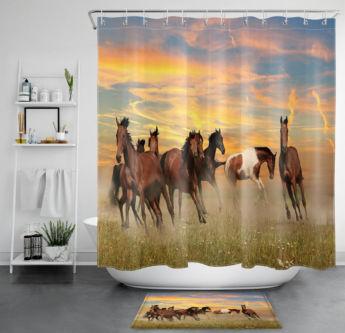 Feral Horse Flock Grassland Sunset Scenery Waterproof Fabric Shower Curtain With Nature Scenic Design