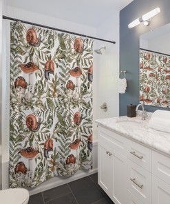 Fern Forest Shower Curtain With Mushroom Botanical Design For Woodland Bathroom Decoration