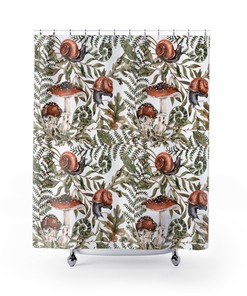 Fern Forest Shower Curtain With Mushroom Botanical Design For Woodland Bathroom Decoration