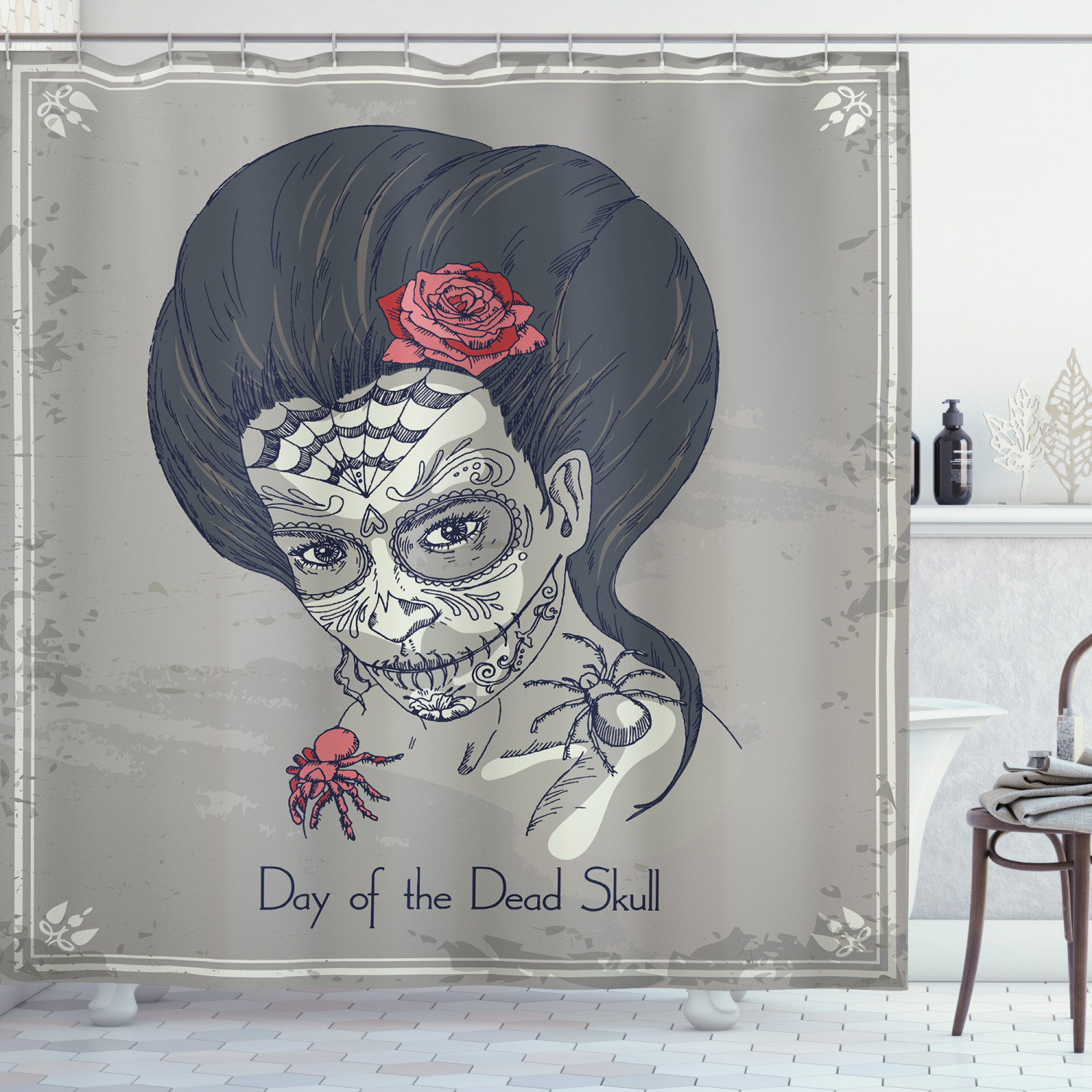 Festival Girl Print Skull Fabric Shower Curtain - Bohemian Skull Bathroom Decor
