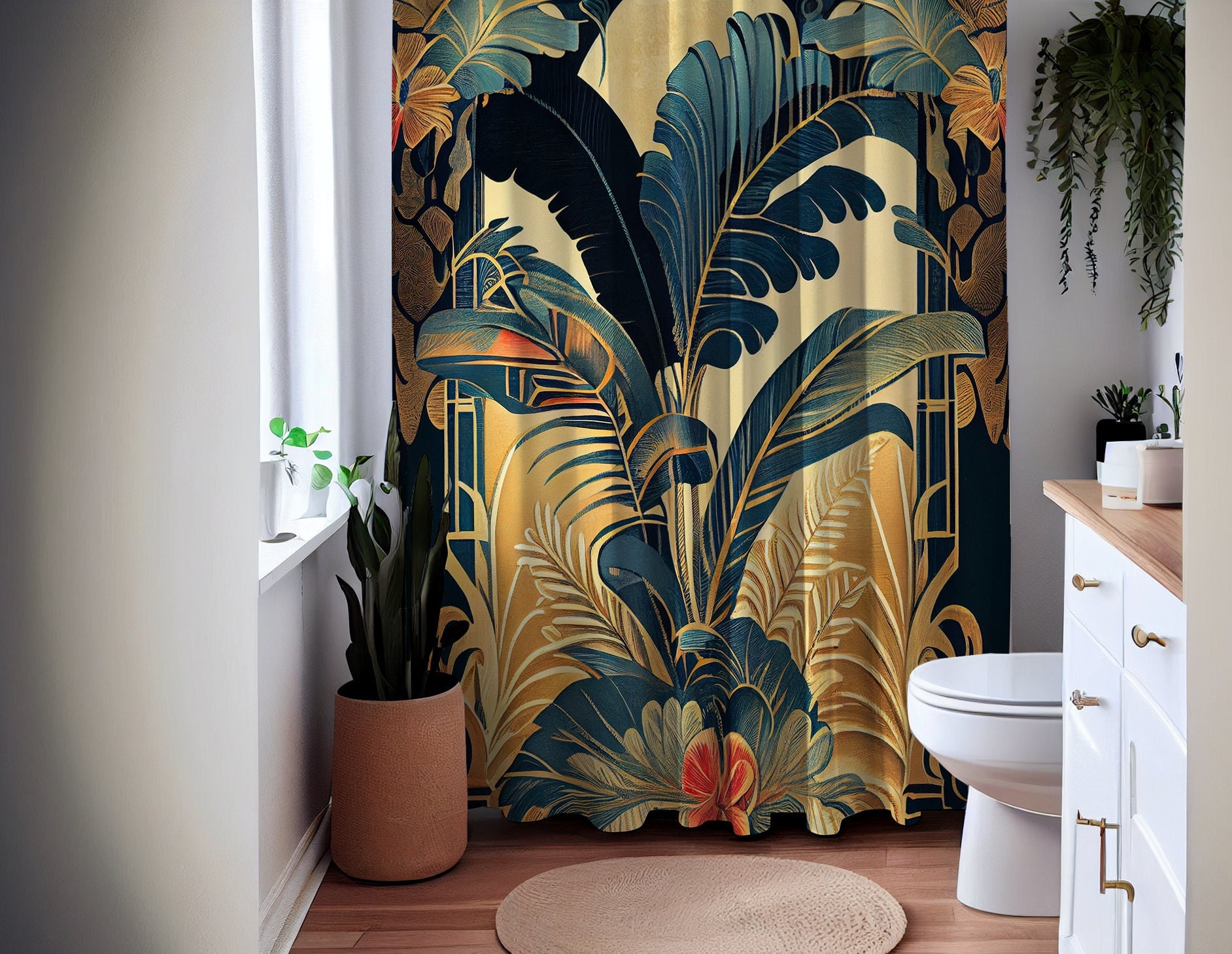 Festival Tropical Art Deco Floral Chic Shower Curtain, perfect Housewarming Gift with Bathroom Theme