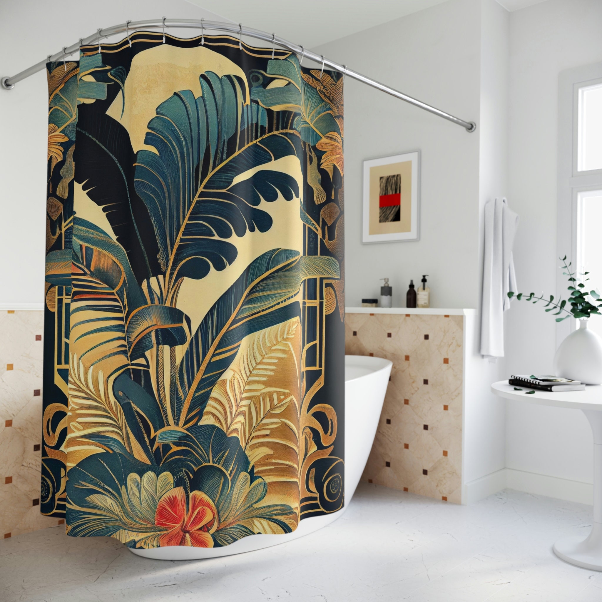 Festival Tropical Art Deco Floral Chic Shower Curtain, perfect Housewarming Gift with Bathroom Theme