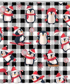 Festive Bathroom Decor With Cute Penguin Christmas Shower Curtain Funny Animal With Red Hat For Christmas