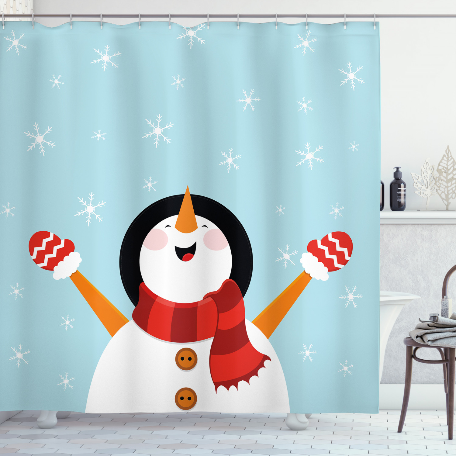 Festive Bathroom Decor With Santa, Star, And Snowflake Print Waterproof Fabric Shower Curtain - Image 3