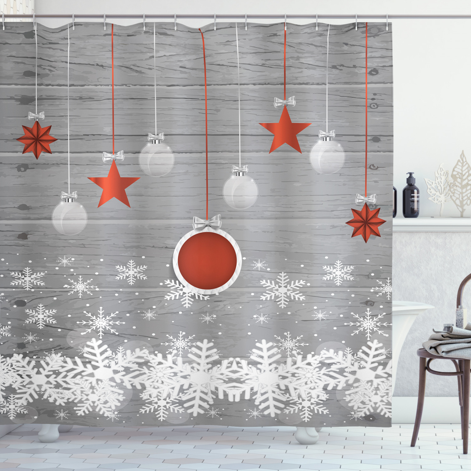 Festive Bathroom Decor With Stars And Snowflakes Print Waterproof Fabric Shower Curtain - Image 3