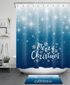 Festive Blue Winter Shower Curtain with Star and Snowflake Motif