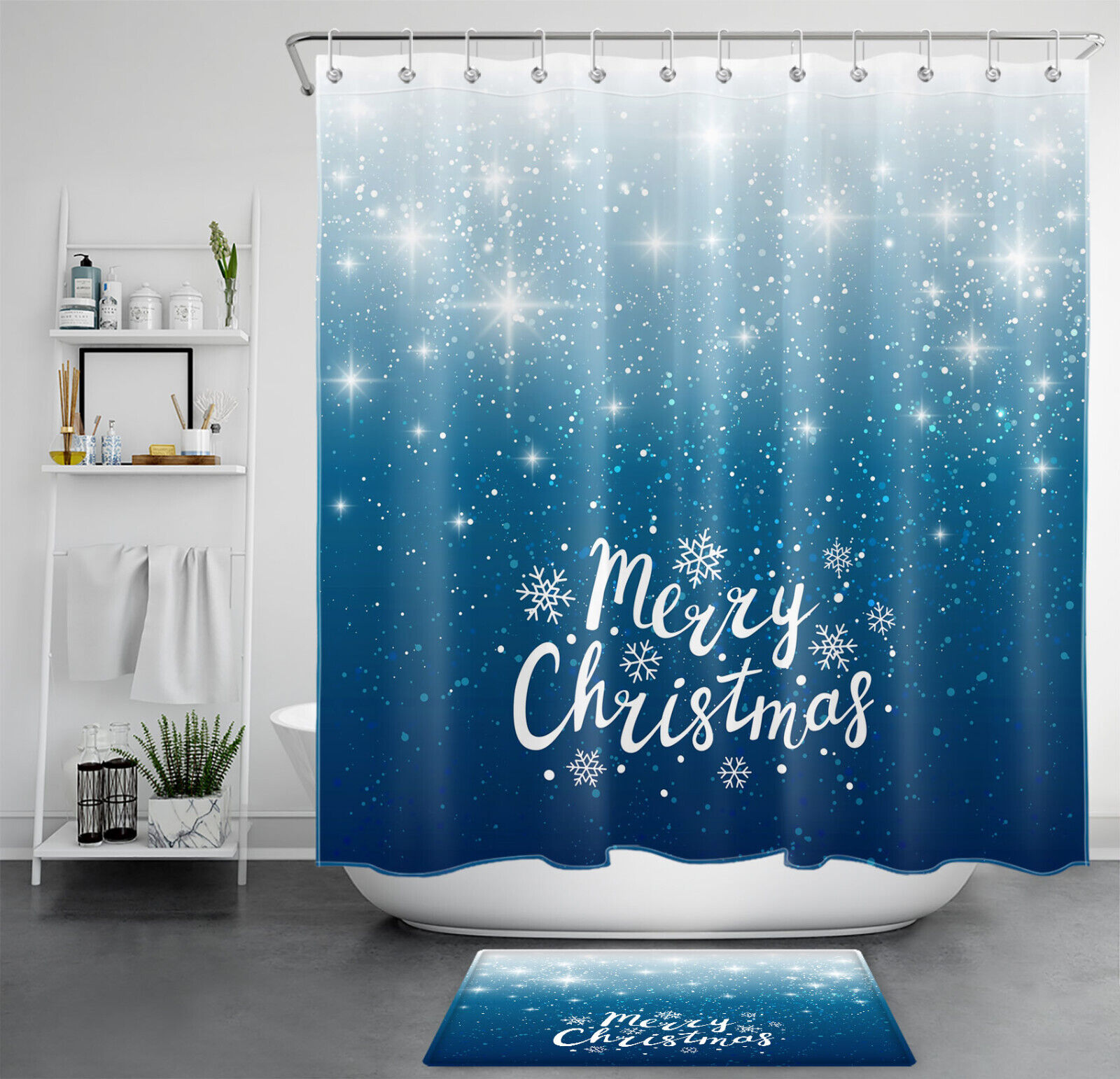 Festive Blue Winter Shower Curtain with Star and Snowflake Motif