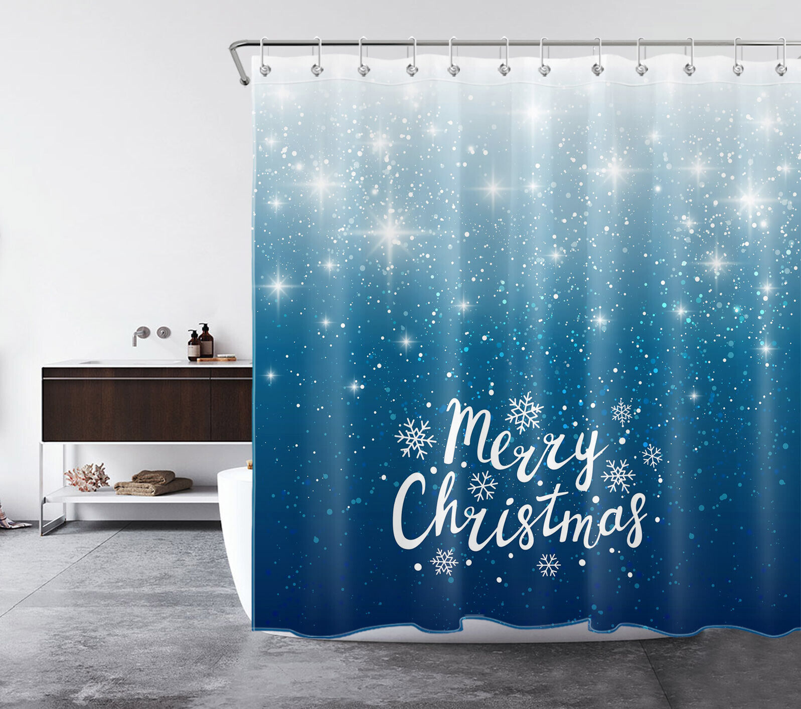Festive Blue Winter Shower Curtain with Star and Snowflake Motif
