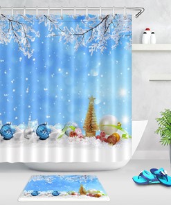 Festive Blue Xmas Ball Snowflake Bathroom Shower Curtain
