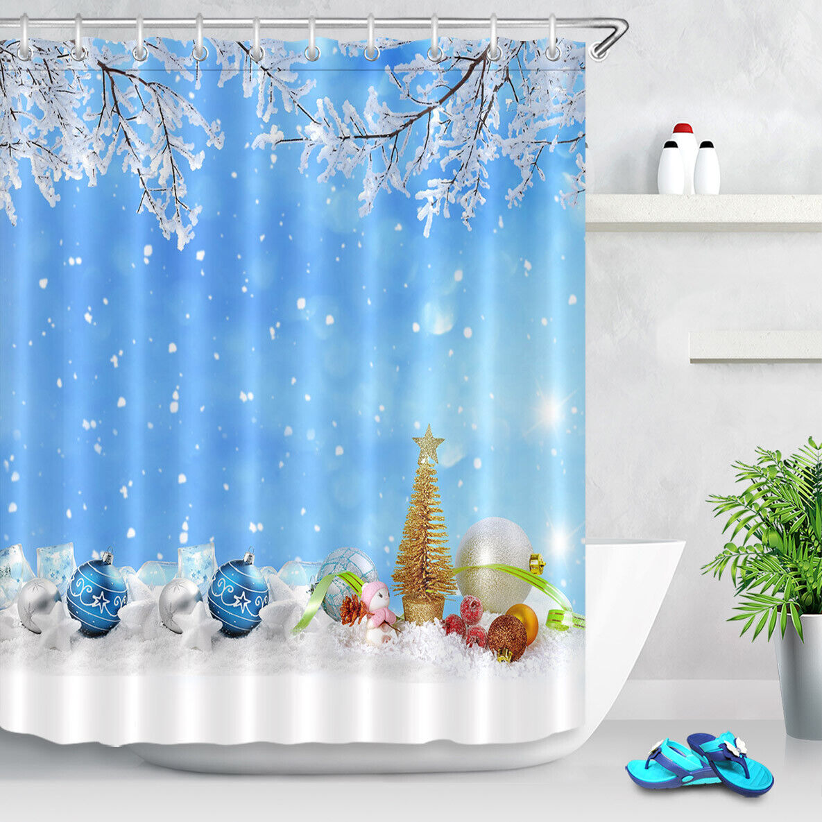 Festive Blue Xmas Ball Snowflake Bathroom Shower Curtain - Image 2