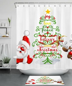 Festive Cartoon Santa Elk Abstract Christmas Tree Shower Curtain For Bathroom Decor