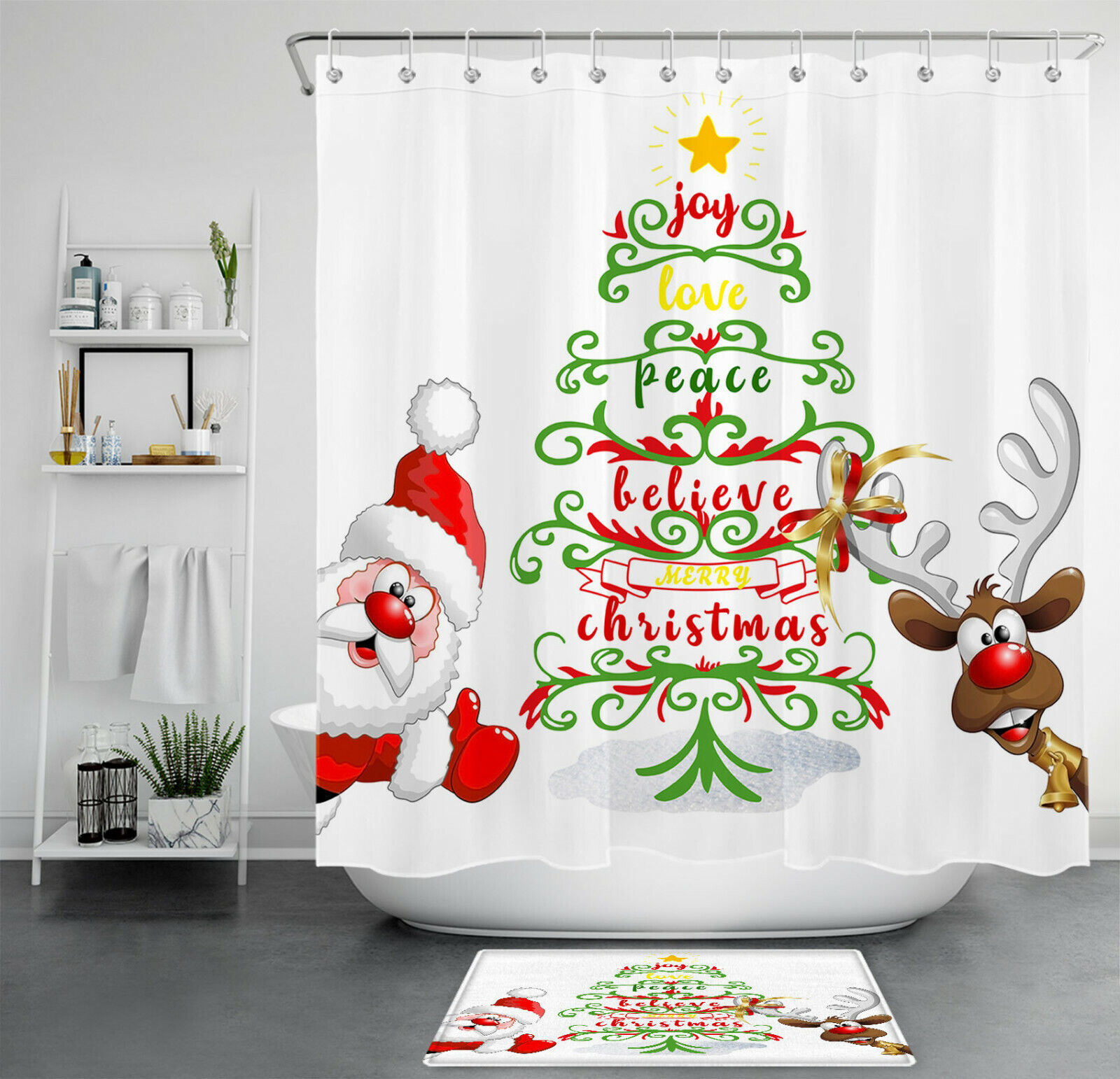 Festive Cartoon Santa Elk Abstract Christmas Tree Shower Curtain For Bathroom Decor