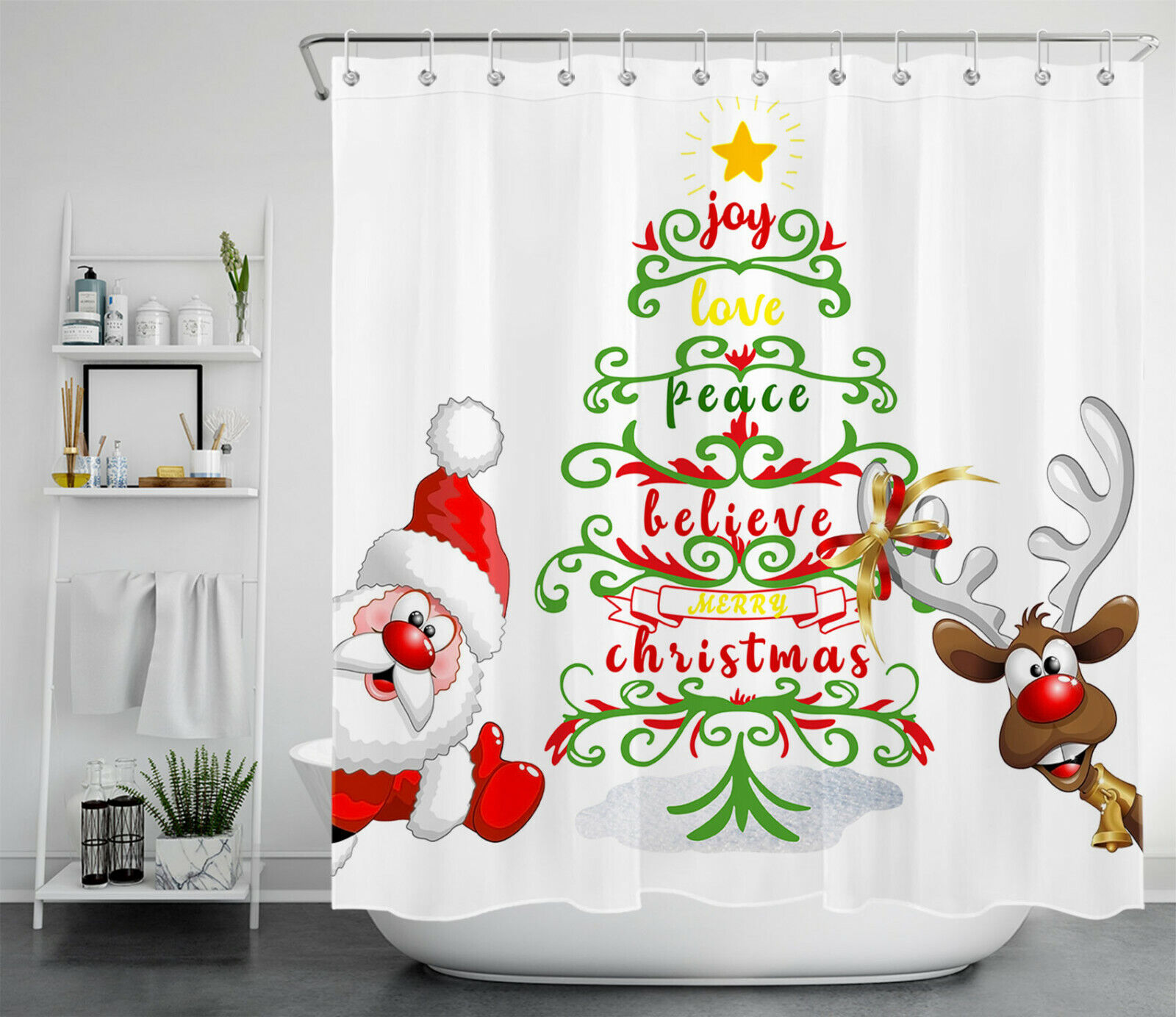 Festive Cartoon Santa Elk Abstract Christmas Tree Shower Curtain For Bathroom Decor - Image 2