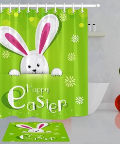 Festive Cartoon Style Easter Rabbit Daisy Flowers Fabric Shower Curtain For Bathroom Decor