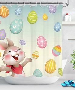 Festive Cartoon Style Rabbit Easter Eggs Fabric Shower Curtain For Bathroom Decor