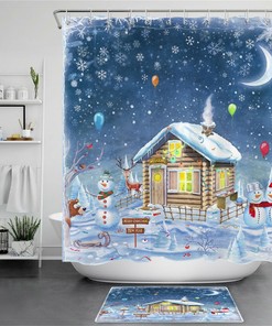 Festive Christmas Cottage And Animals Waterproof Fabric Shower Curtain - Snowman Elk Bear Bathroom Decor