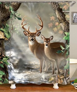 Festive Christmas Deer Shower Curtain - Waterproof Fabric Bathroom Decor
