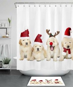 Festive Christmas Dogs Shower Curtain - Red Santa Hat Bathroom Decor