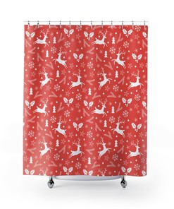 Festive Christmas Reindeers Print Fabric Shower Curtain For Holiday-Themed Bathroom Decor