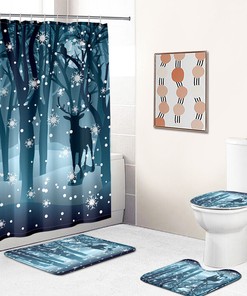 Festive Elk Reindeer and Snowflake Forest Bathroom Shower Curtain