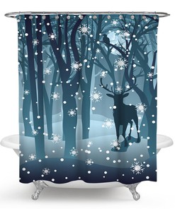 Festive Elk Reindeer and Snowflake Forest Bathroom Shower Curtain