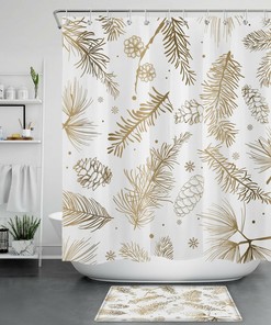 Festive Fir Branches and Snowflake Yellow White Shower Curtain for Winter Bathroom Decor 