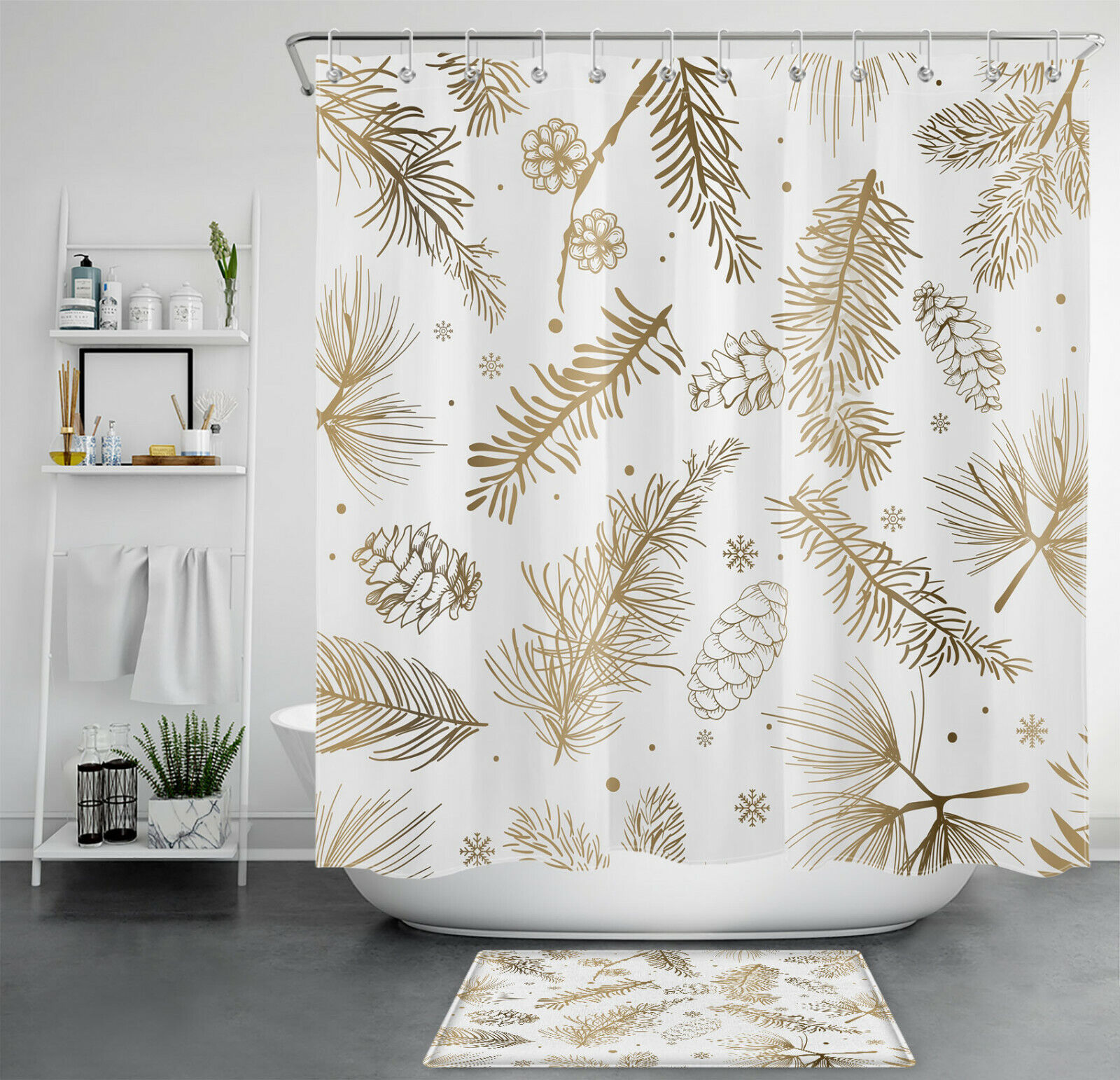 Festive Fir Branches and Snowflake Yellow White Shower Curtain for Winter Bathroom Decor