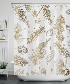 Festive Fir Branches and Snowflake Yellow White Shower Curtain for Winter Bathroom Decor