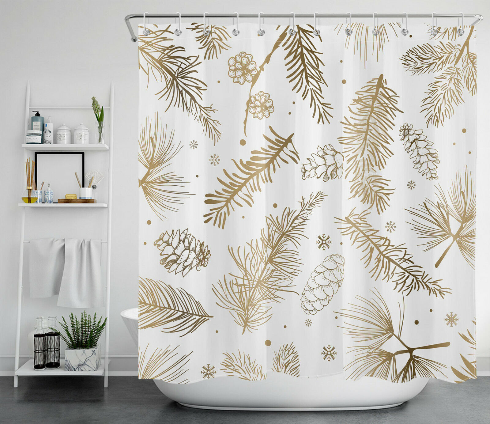 Festive Fir Branches and Snowflake Yellow White Shower Curtain for Winter Bathroom Decor