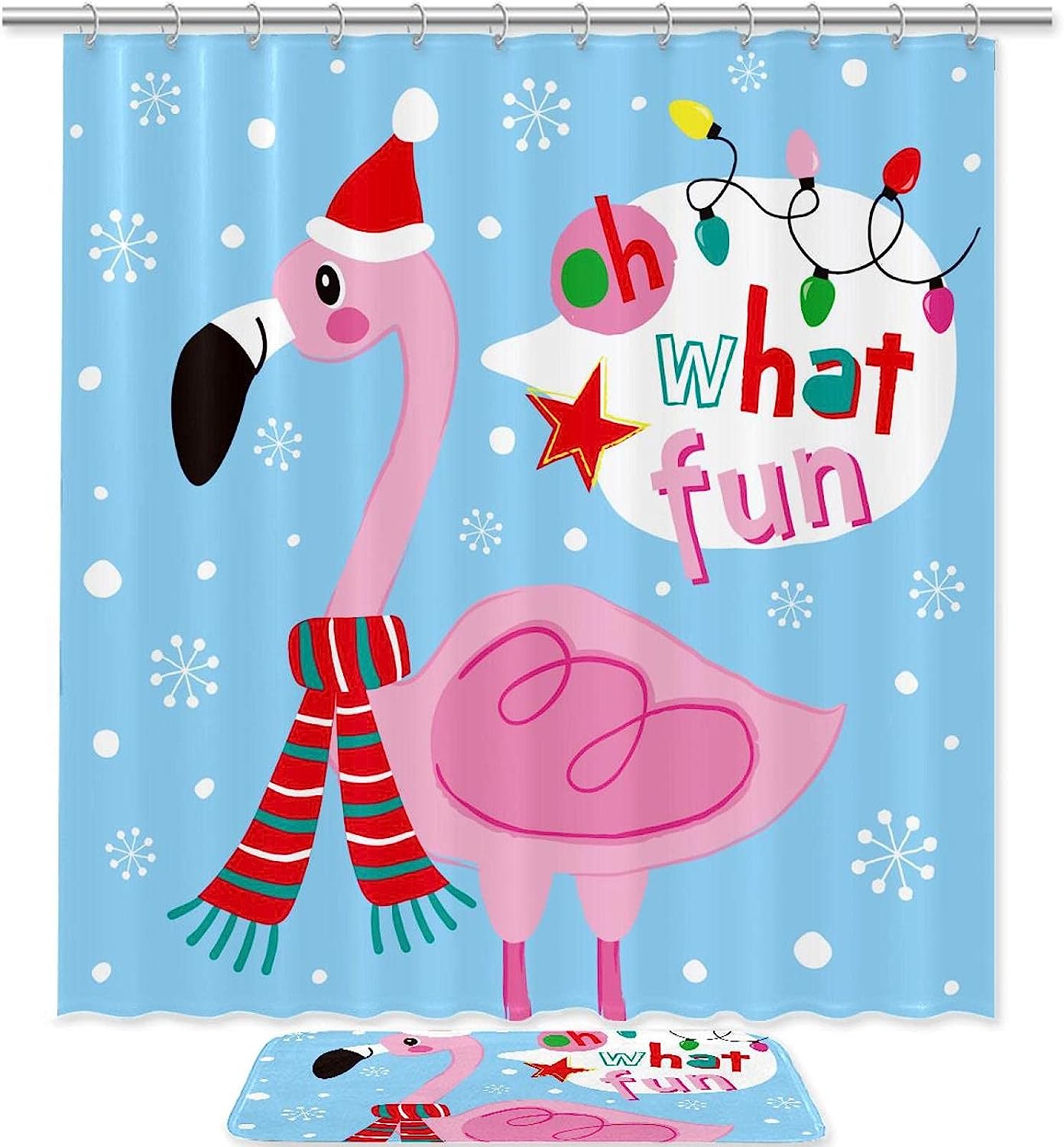 Festive Flamingo Snowflake Shower Curtain - Waterproof Fabric Bathroom Decor