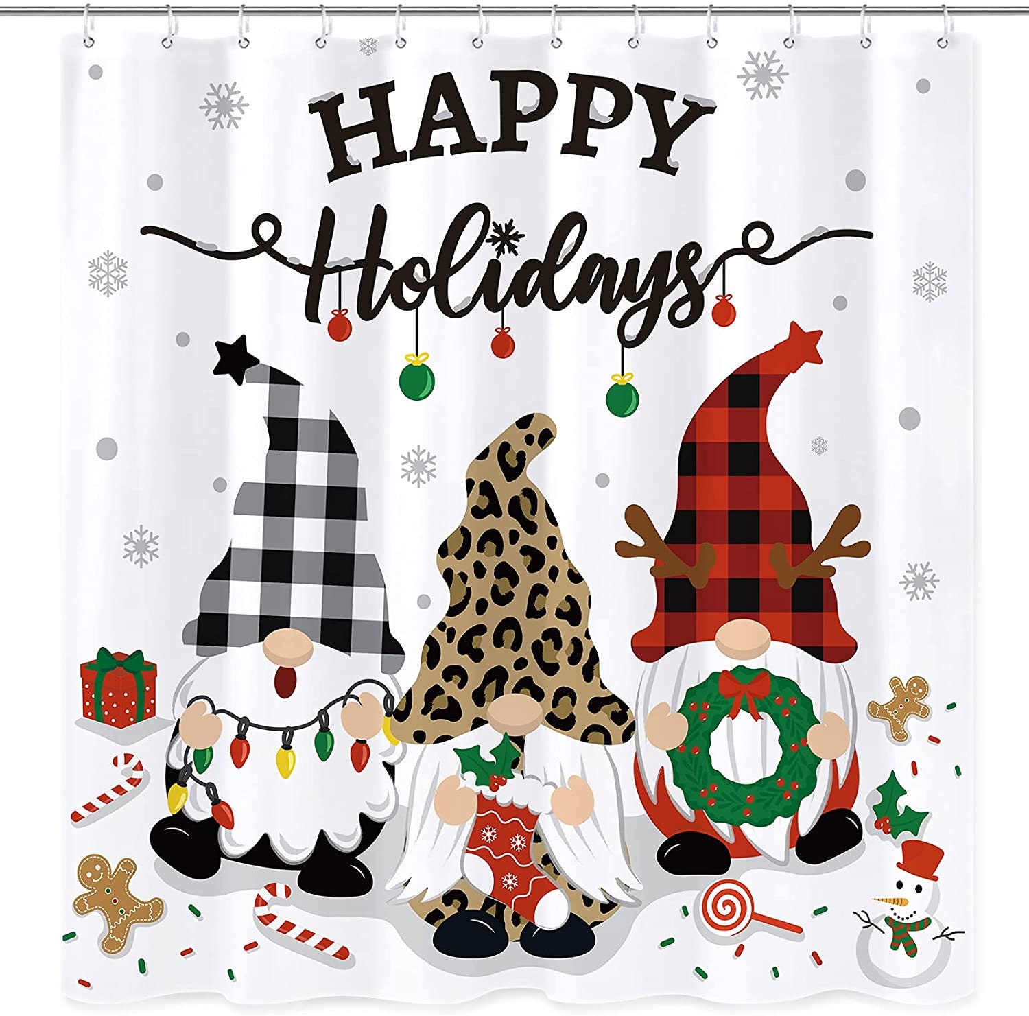 Festive Gnomes And Snowflakes Shower Curtain - Happy Holidays Bathroom Decor