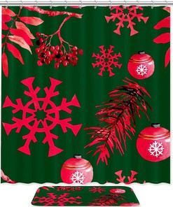 Festive Green Snowflake Shower Curtain - Waterproof Fabric Bathroom Decor