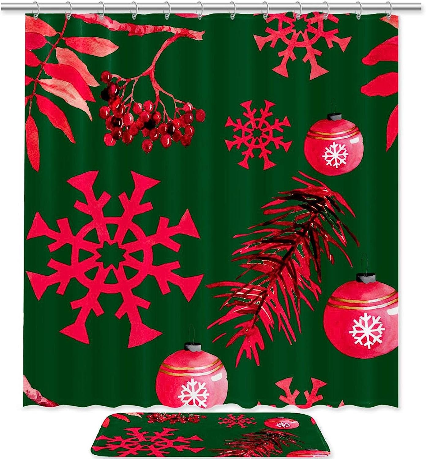 Festive Green Snowflake Shower Curtain - Waterproof Fabric Bathroom Decor