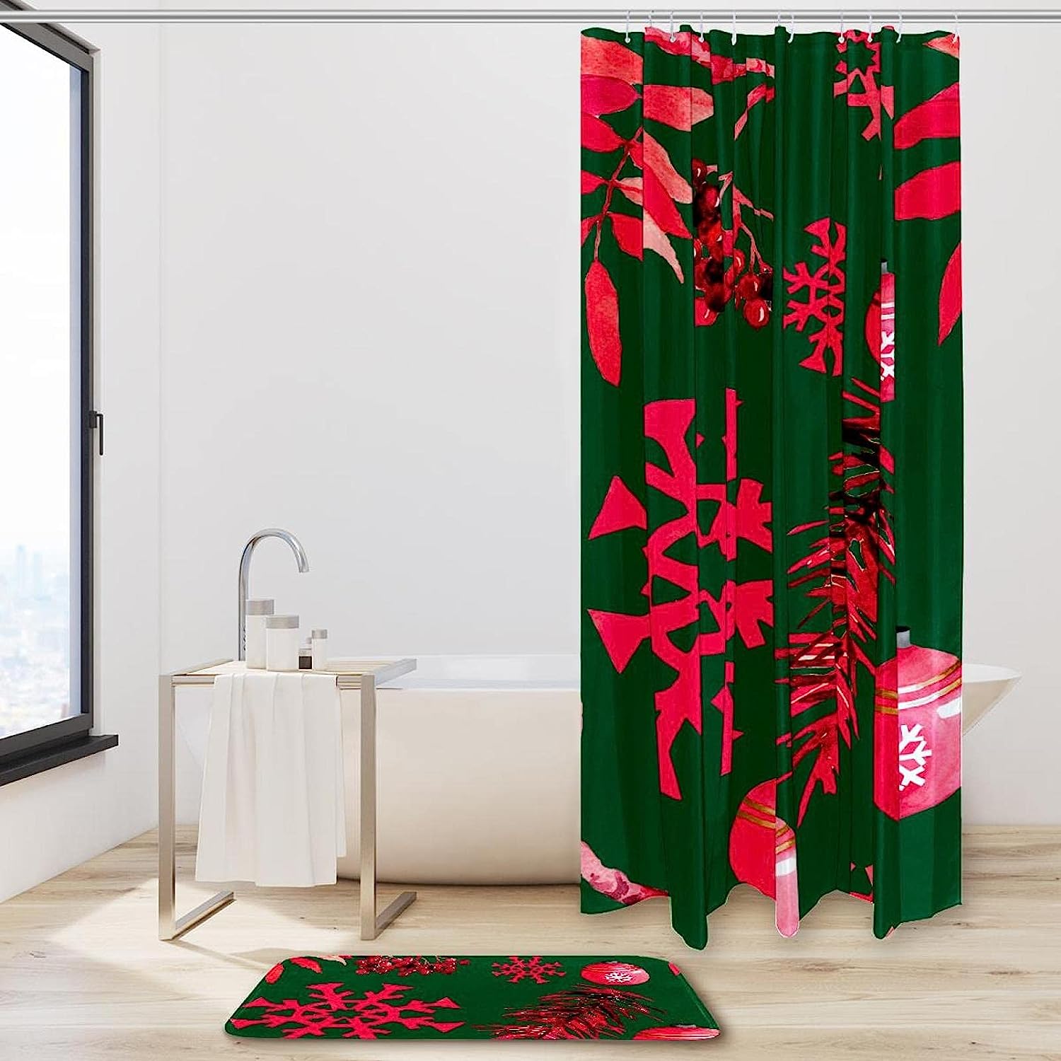 Festive Green Snowflake Shower Curtain - Waterproof Fabric Bathroom Decor - Image 2