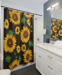 Festive Green Sunflower Shower Curtain And Anti-Slip Yellow Bathroom Curtain Set For Cheerful Bathroom Decor