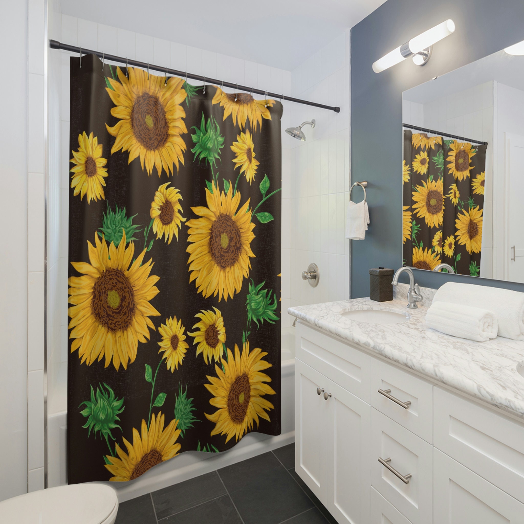 Festive Green Sunflower Shower Curtain And Anti-Slip Yellow Bathroom Curtain Set For Cheerful Bathroom Decor