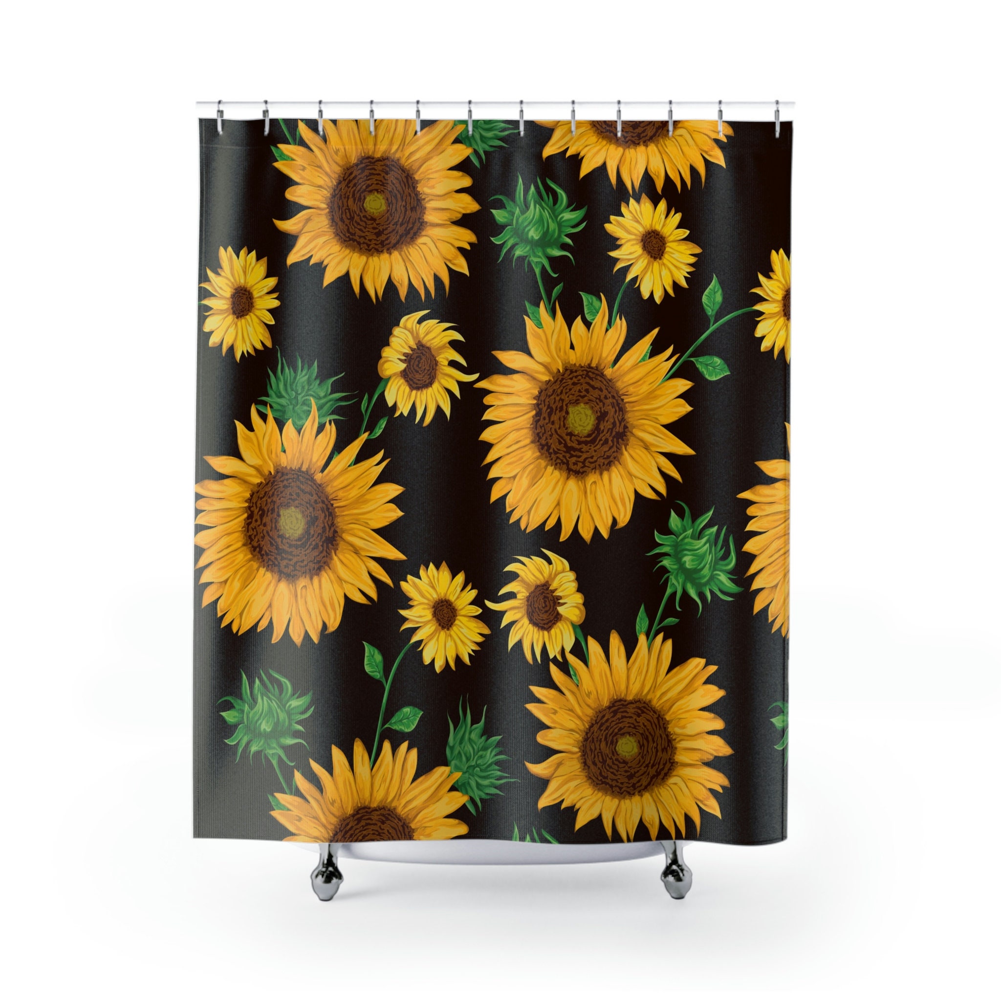 Festive Green Sunflower Shower Curtain And Anti-Slip Yellow Bathroom Curtain Set For Cheerful Bathroom Decor