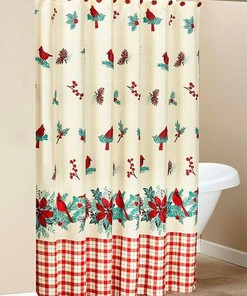 Festive Holiday Design Cardinal Shower Curtain With Holly Berry Garland And Poinsettia Flowers