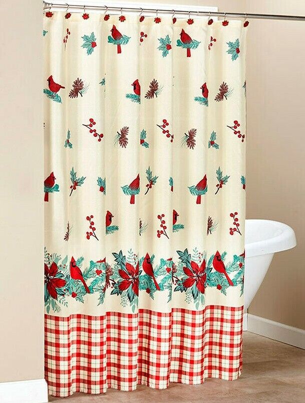 Festive Holiday Design Cardinal Shower Curtain With Holly Berry Garland And Poinsettia Flowers