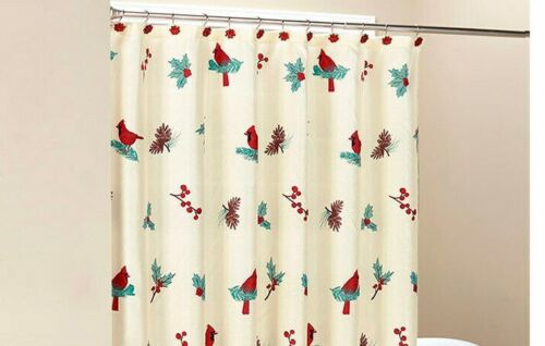 Festive Holiday Design Cardinal Shower Curtain With Holly Berry Garland And Poinsettia Flowers - Image 2