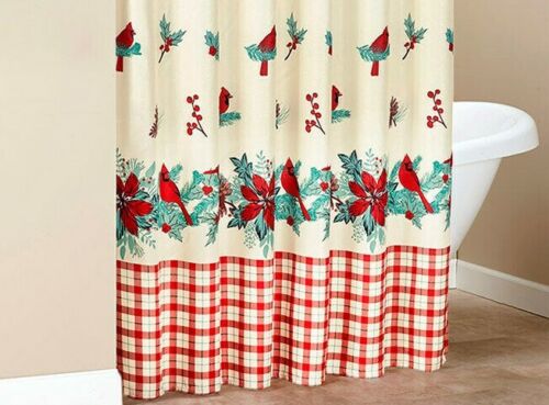Festive Holiday Design Cardinal Shower Curtain With Holly Berry Garland And Poinsettia Flowers - Image 3